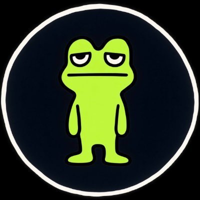A circular logo features a bright green cartoon frog with half-lidded eyes on a dark navy background.