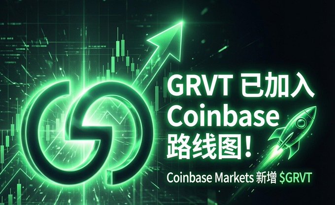 Promotional graphic announcing that GRVT has been added to Coinbase's roadmap, featuring a green upward arrow and the Coinbase logo, with text 'Coinbase Markets 新增 $GRVT'.