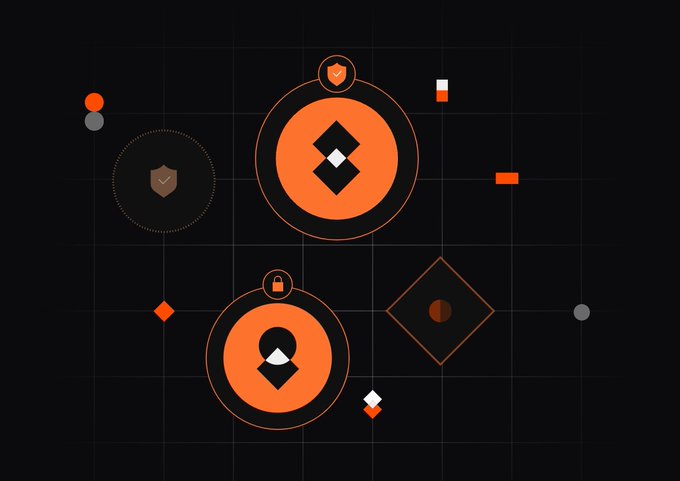 A dark-themed abstract graphic with orange circles containing Bitcoin and user icons, along with geometric shapes like diamonds, squares, and shield/lock symbols on a grid background.