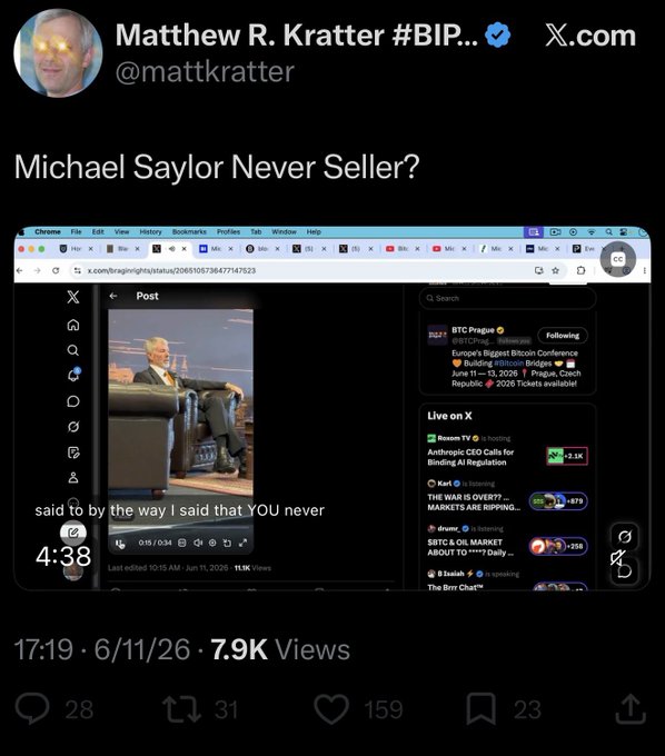 In this image, there are two tweets posted in sequence on Twitter related to an article about Michael Saylor. The first tweet is from a user named Matthew R. Kratter who has sent the other user, Michael Saylor, a question regarding his decision not to sell. The text of the question reads "I hear you've decided against selling. Why?". 

The second tweet is from another user and is also part of the sequence on Twitter. This user has posted an article or meme titled "It all makes sense now. The BIP-110 Bros hate Saylor. Them dunking on Saylor over BIP-110 is fighting a proxy war ... focusing on what is in the image and how it relates to this post."

Both of these tweets have been ordered, one above the other, and are meant to address the same topic: Michael Saylor's decision not to sell.