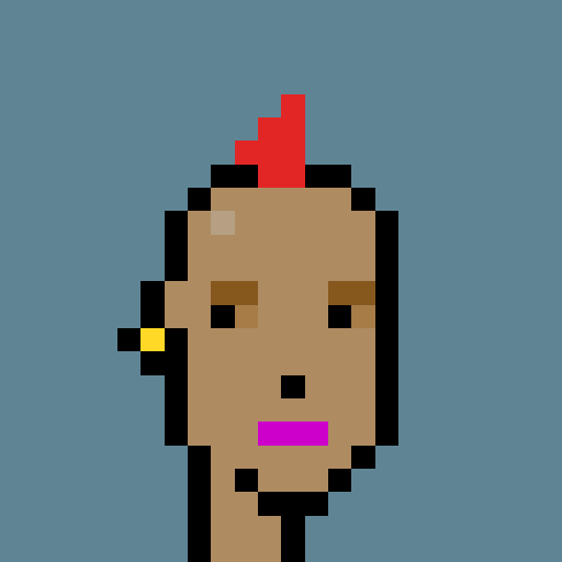 A pixel art portrait of a person with brown skin, a red mohawk, a yellow earring, and purple lips against a blue background.