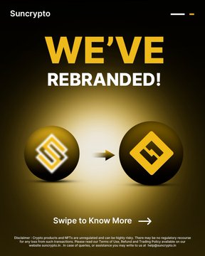 The image features a poster with two yellow circles against a black background. The text "WE'VE REBRANDED!" is written above the circles, indicating that there has been a rebranding of the company's logo or identity. Below this, there are instructions for how to "Swipe to know more" about the new logo and its significance.