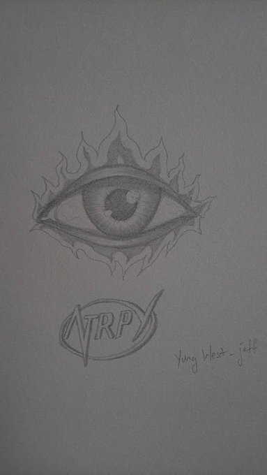 A pencil sketch on paper depicting a flaming eye design above an 'NTRP' logo, with the text 'Yung West - Telt' signed in the bottom right corner.