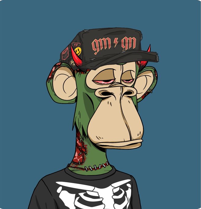 A digital illustration of a green Bored Ape-style NFT character wearing a black cap with red 'gm/gm' text and small horns, against a solid teal background.