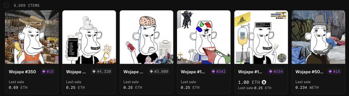 A gallery view of 6,969 NFT items from the 'Wojape' collection, featuring various cartoon wojak characters with prices listed in ETH and METH.
