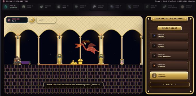 Screenshot of the 'Seismic Ecosystem' game 'Golem of the Seismic', showing stage selection (DashX, Speeic, Port Markets, Sedona, Seismic) with a 2D platformer scene featuring a red dragon-like enemy and a golden chest.