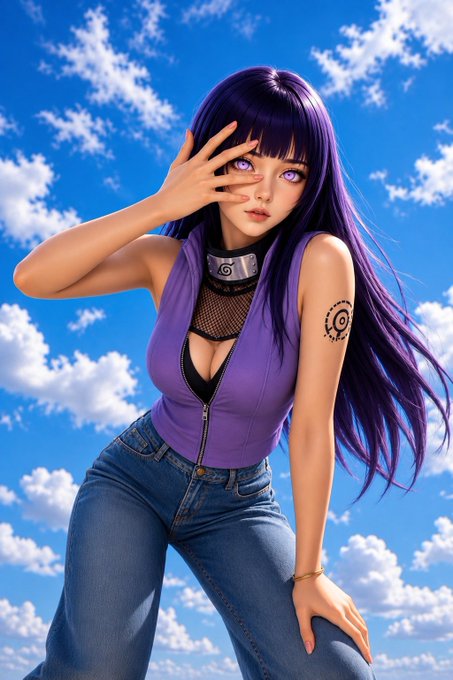 A stylized anime-inspired woman with long purple hair, purple eyes, and a sleeveless purple top poses against a bright blue, cloud-filled sky. She wears a forehead protector-style choker and has a spiral emblem tattooed on her upper arm.