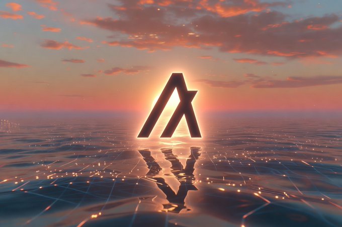 A stylized 3D rendering of the Avalanche (AVAX) cryptocurrency logo glowing at sunset over a reflective water surface with digital grid patterns.