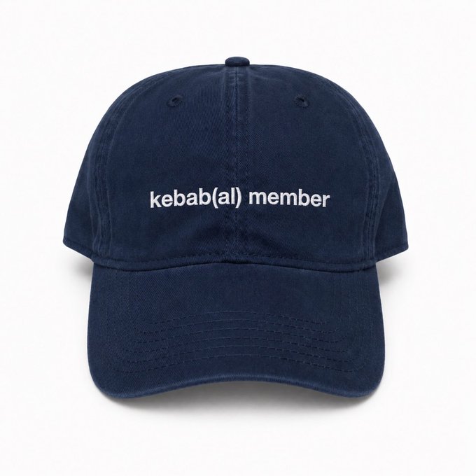 A navy blue baseball cap with the white embroidered text 'kebab(al) member' centered on the front.