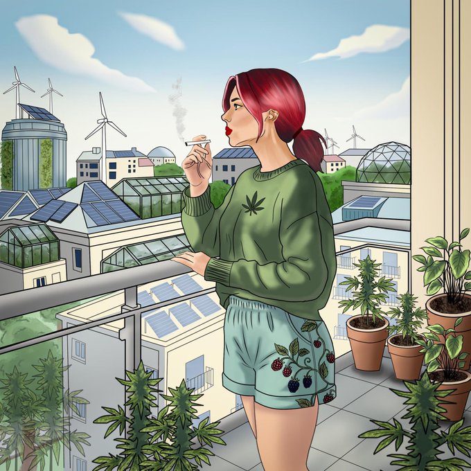 A red-haired woman wearing a green sweatshirt with a cannabis leaf design and patterned shorts smokes on a balcony overlooking a futuristic eco-city with solar panels and wind turbines.