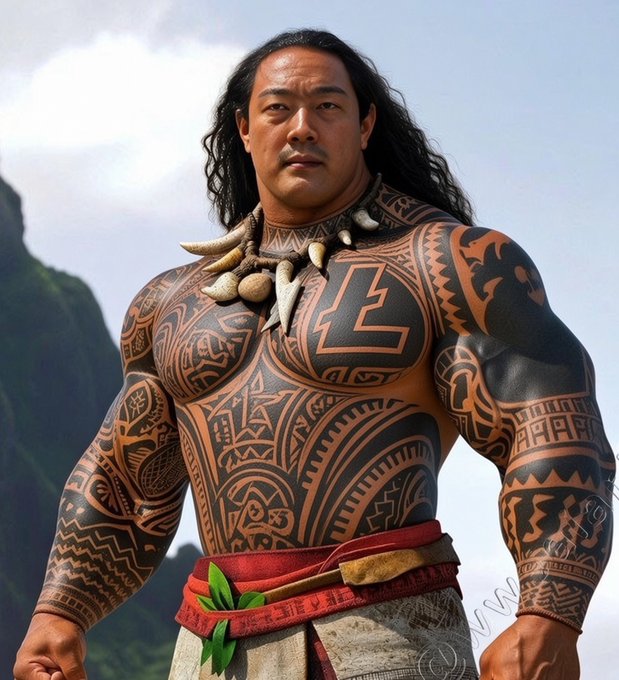 A muscular man with long dark hair stands outdoors, his torso and arms covered in intricate traditional Polynesian-style tattoos, wearing a necklace of teeth and claws.