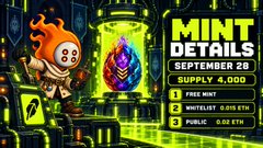 A promotional graphic for 'MINT DETAILS' listing a supply of 4,000 with allocations of 1 Free Mint, 2 Whitelist 0.01 ETH, and 3 Public 0.03 ETH, set to launch on September 28.