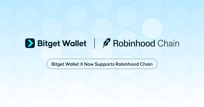 The image features a light blue background with the Bitget Wallet and Robinhood Chain logos side by side, accompanied by text announcing "Bitget Wallet X Now Supports Robinhood Chain." This visually reinforces the announcement that Bitget has integrated Robinhood Chain via its API, expanding developer and institutional access to the network.