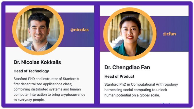 Profile cards for Dr. Nicolas Kokkalis (@nicolas), Head of Technology, and Dr. Chengdiao Fan (@cfan), Head of Product.