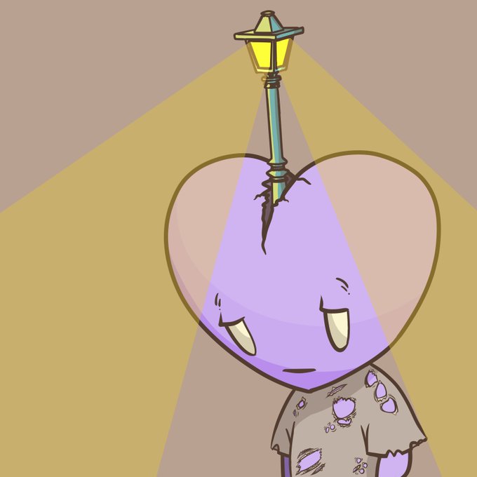 A digital illustration shows a sad, purple cartoon character with a heart-shaped head pierced by a lamppost, wearing a tattered shirt with a small heart design.