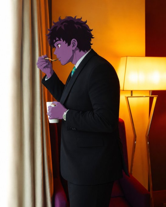 An AI-generated anime-style image of a purple-skinned male character with dark hair in a black suit, eating something while holding a cup in a warmly lit room.