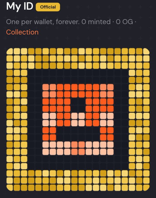 An NFT profile called 'My ID' with 'Official' tag, showing a pixel art avatar surrounded by yellow squares with the text 'One per wallet, forever. 0 minted · 0 OG'.