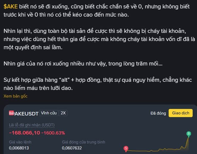 A Vietnamese-language social media post about the $AKE token, discussing leverage trading losses with a position showing -168,066.10 USDT (-1600.63%) unrealized loss on Binance.