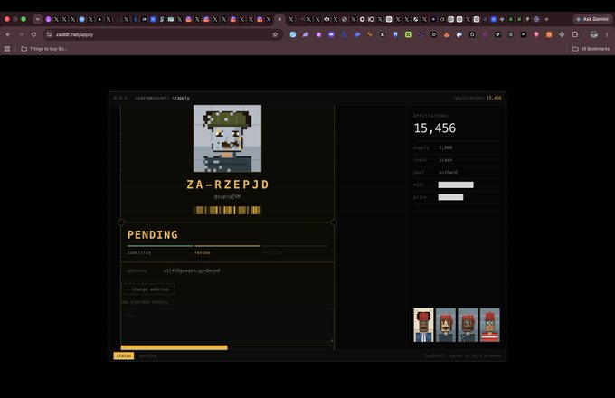 A Zapper wallet interface showing a pending transaction for a Bitcoin Cash Non-Fungible Token (ZA-RZEP3D), with a balance of 15,456 Zatoshi.