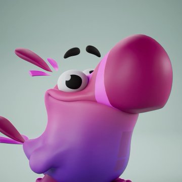 A 3D-rendered pink cartoon character with a large pink nose and googly eyes looks off to the side.