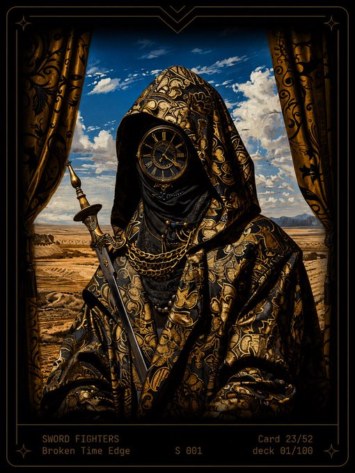 A fantasy trading card featuring a hooded figure with a clock face mask holding a sword, titled 'SWORD FIGHTERS - Broken Time Edge' (Card 23/52, deck 01/100).