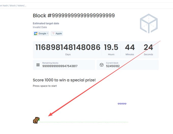 The image shows a "Block #9999999999999999999" countdown page from Robinhood Chain's block explorer, displaying an "Invalid Date" for the estimated target date along with a countdown timer and login options via Google and Apple, while a red arrow points from the "Block #" number down to a pixelated dinosaur (resembling the Chrome offline game), illustrating the post's sarcastic claim that Robinhood's blockchain isn't real since it references a fictional/infinite block number and a game-like dinosaur instead of a legitimate countdown.