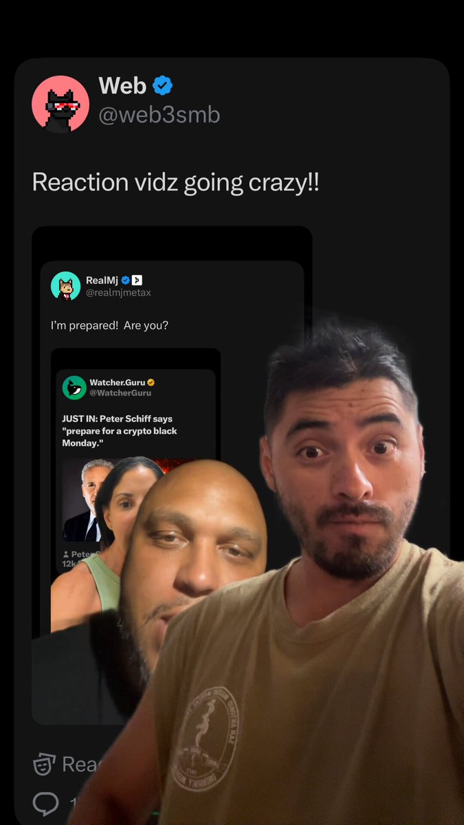 The image shows a man's face with a large screen displaying three different photos of him, including one of himself posing for a reaction deal on Twitter. The man has a beard and is wearing a brown shirt. The text "I'm hooked to these reaction deals @doginaldogs @web3smb @realmjmetax" suggests that the man is engaged with the content shared by others on social media platforms, particularly through reactions or shares related to the hashtag #doginaldogs.