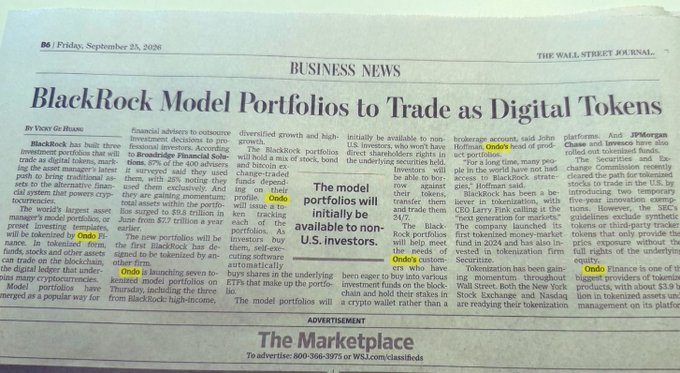 A Wall Street Journal Business News article titled 'BlackRock Model Portfolios to Trade as Digital Tokens,' reported by Toddy Gillespie, discussing BlackRock's plans to tokenize model portfolios initially available to non-U.S. investors.