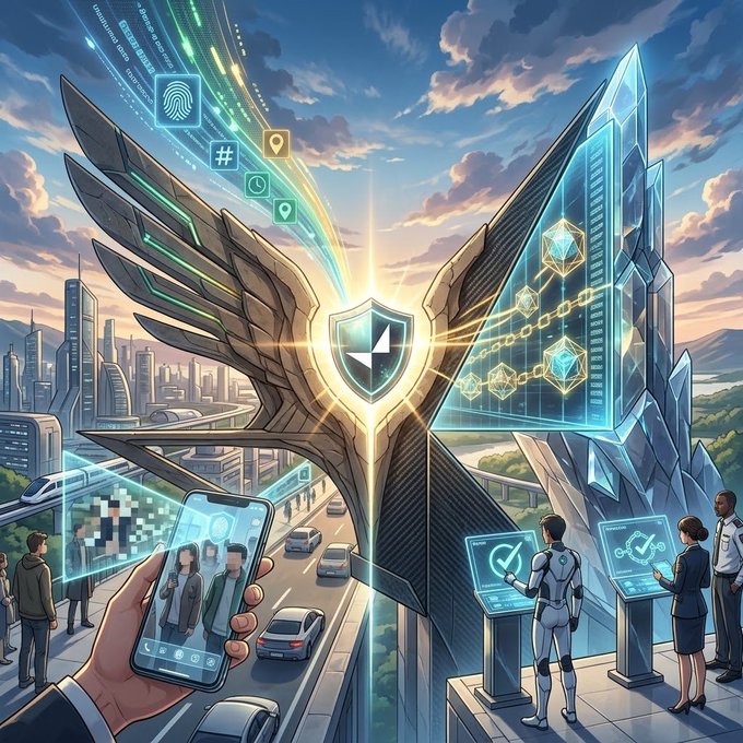 A vibrant digital illustration showing a futuristic winged emblem, a hand holding a smartphone, and various figures interacting with technology.