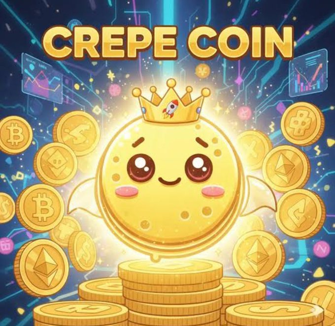 A cartoon golden coin character wearing a crown stands atop stacked gold coins amid various cryptocurrency tokens, with bold yellow text reading "CREPE COIN" displayed prominently at the top. The imagery visually represents the post's bullish "$CREPE to $0.08" price prediction by depicting the token as a royal, prosperous figure surrounded by wealth and trading charts.