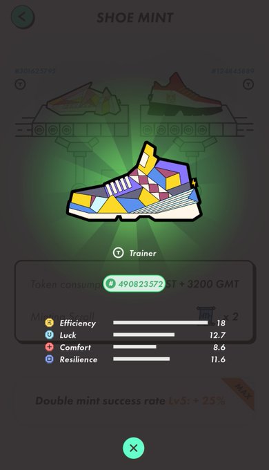 A mobile game screen displays a 'SHOE MINT' interface featuring a colorful geometric sneaker NFT with stats for Efficiency (18), Luck (12.7), Comfort (8.6), and Resilience (11.6), requiring a token consumption of 490823572 GMT.