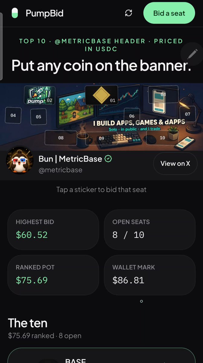 A screenshot of a PumpBid app page for @metricbase with the headline 'Put any coin on the banner', showing highest bid of $60.52, ranked pot of $75.69, wallet mark of $86.81, and 8 of 10 open seats.