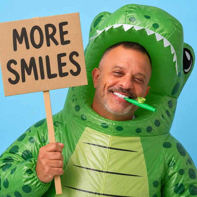 A man in an inflatable green dinosaur costume smiling and holding a cardboard sign that reads 'MORE SMILES', while blowing a toy whistle.