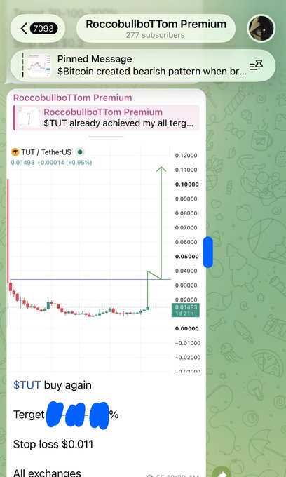 A screenshot from a Telegram channel called "RoccobullboTTom Premium" (277 subscribers) showing a trading post for $TUT/TetherUS at $0.01493, with a chart displaying a sharp upward price movement. The post recommends buying $TUT again with a profit target and stop loss at $0.011, accompanying a message about previously achieving 700% profit on the token.