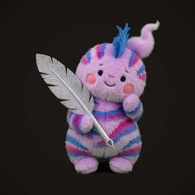 A fluffy pink, blue, and purple cartoon creature with a blue mohawk and feather-like tail holds a silver feather-shaped staff against a black background.