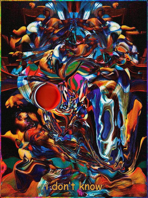 A chaotic, surreal digital artwork of glossy, distorted faces and organic forms in vivid reds, blues, and greens. The bottom text reads “i don’t know,” matching Jarrett Cross’s 2021 VQGAN + CLIP photomanipulation titled *I don’t know*, collected via OBJKT.