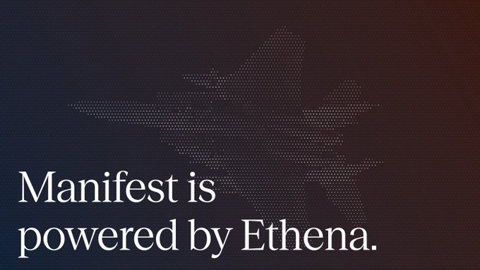 The image features a banner with the text "Manifest is the latest in a growing line of protocols choosing Ethena' s assets to back their own products." The banner also includes an illustration of a jet, which appears to be a representation of the Manifest logo. This suggests that the image might be promoting or highlighting the Manifest Protocols and Ethena' s partnership with them.