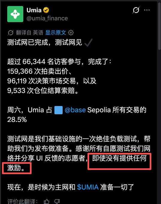 A Chinese-translated tweet from @umia_finance announces the completion of their testnet, reporting 66,344 participants, 159,366 bids, 96,119 decision market trades, and 9,533 position settlements, with Umia accounting for 28.5% of all Base Sepolia transactions on Saturday. A red box highlights the phrase "即使没有提供任何激励" ("even without providing any incentives"), which aligns with the user's skeptical comment questioning why no rewards were offered despite the script-driven activity.
