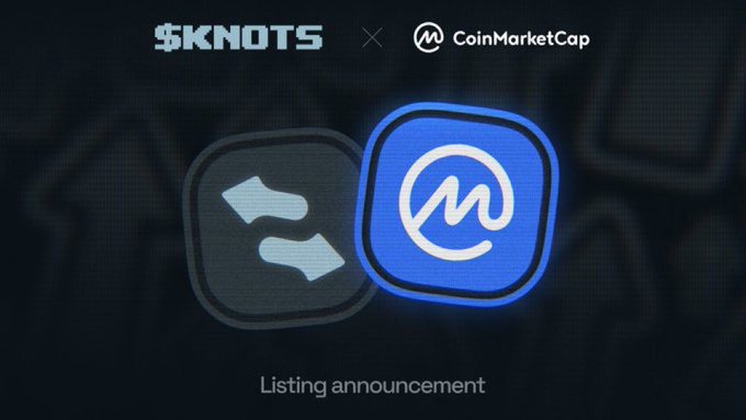 A promotional graphic announcing the listing of $KNOTS on CoinMarketCap, featuring the $KNOTS logo beside the CoinMarketCap logo with the text "Listing announcement" at the bottom, directly supporting the post's news about the KnotsOnStonk community joining the platform.