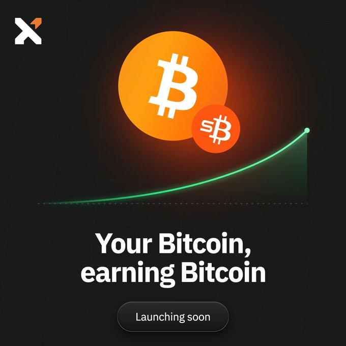 A promotional graphic for Xverse announcing "Bitcoin Yield" launching soon, featuring two Bitcoin logos above a green upward-trending line graph on a dark background, with the tagline "Your Bitcoin, earning Bitcoin." The imagery visually reinforces the post's message about stacking sats and earning yield without selling, using the rising green curve to symbolize compounding growth on staked Bitcoin.