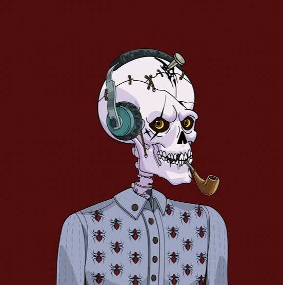 The image features a cartoon illustration of a skeleton wearing headphones, holding a pipe, and standing against a red background with white text that reads "Good morning everyone. Hope everyone'a having a great morning with @NomismaNetwork. Let' s keep building together!". The skeleton is dressed in a shirt adorned with red spider patterns.