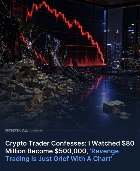 The image shows an advertisement for trading cryptocurrency where a person has been trading for 8 years with $80 million at the time of posting, which turned into just $500,000 after being wiped out by a loss. The ad also references a chart that illustrates the potential losses when trading such large amounts in crypto.