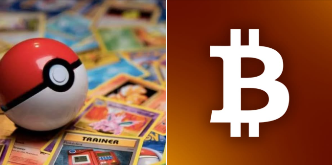Split image showing a Pokéball on Pokémon trading cards on the left and the Bitcoin (₿) logo on an orange background on the right.