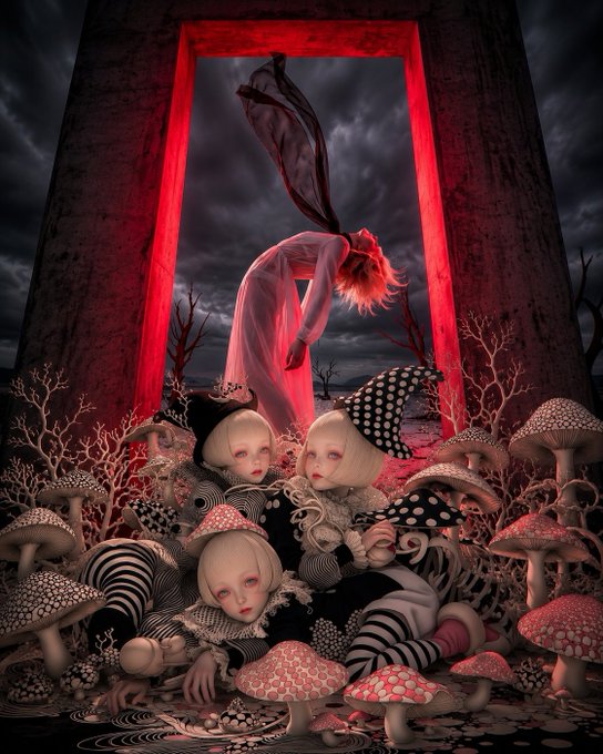 A surreal digital artwork shows pale, doll-like figures with white bob haircuts sitting among red and white spotted mushrooms, while a red-haired figure in a white dress bends over them within a red stone doorway.