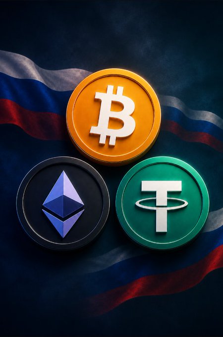 The image displays three prominent cryptocurrency coins—Bitcoin (BTC), Ethereum (ETH), and Tether (USDT)—arranged against a backdrop of the Russian flag. The composition visually reinforces the post's message about Bitcoin's evolving role in finance, showcasing it alongside other major digital assets as it transitions from a passive holding to functional collateral in lending systems.