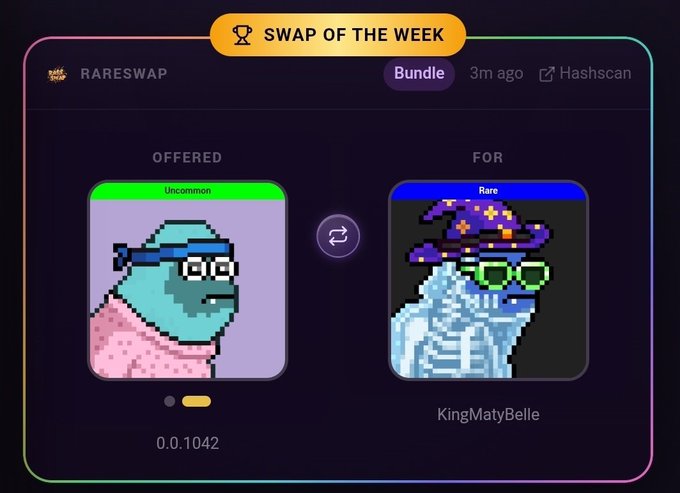 A digital interface titled 'SWAP OF THE WEEK' on RARESWAP shows a bundle trade exchanging an 'Uncommon' NFT for a 'Rare' NFT named 'KingMatyBelle', with a value of 0.1042.
