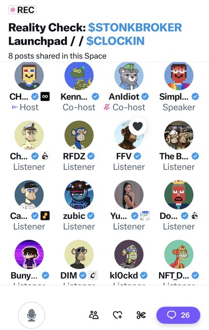 A screenshot of a Twitter Space titled 'Reality Check: $STONKBROKER Launchpad / $CLOCKIN' showing 8 posts shared, with various hosts, co-hosts, speakers, and listeners listed.