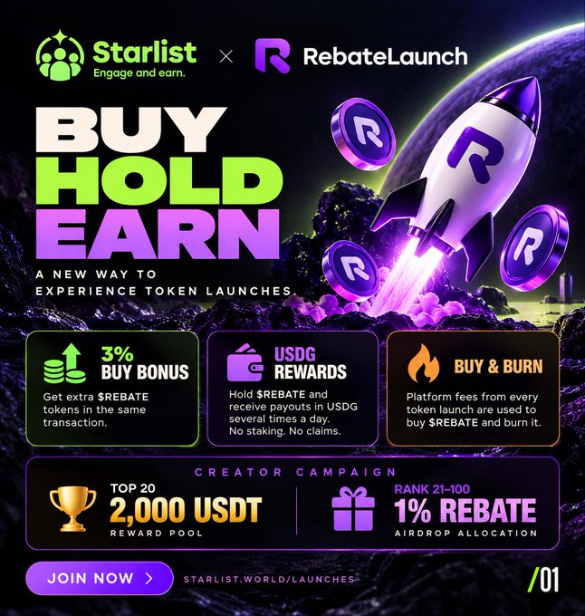 A promotional graphic for 'Starlist × RebateLaunch' cryptocurrency platform advertising 'BUY HOLD EARN' with features like '3% BUY BONUS', 'USDG REWARDS', and 'BUY & BURN', along with a creator campaign offering up to 2,000 USDT rewards.