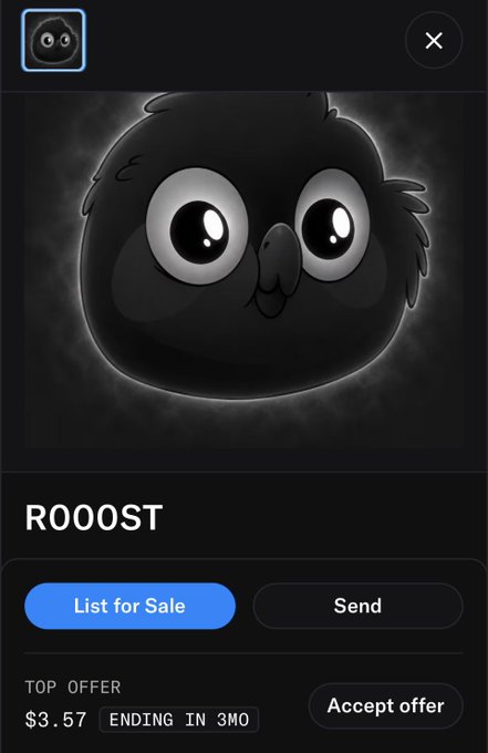 A digital NFT marketplace listing displays a "ROOOST" cartoon character with large round eyes, available for $3.57 as the top offer with an ending time of 3M0. The post "Minted, get in" suggests this is a newly minted NFT available for purchase on the platform.