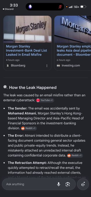A mobile phone screen showing a Discord channel with a news article about a Morgan Stanley data leak, detailing how an email misfire from Mohamed Atmani caused the breach.